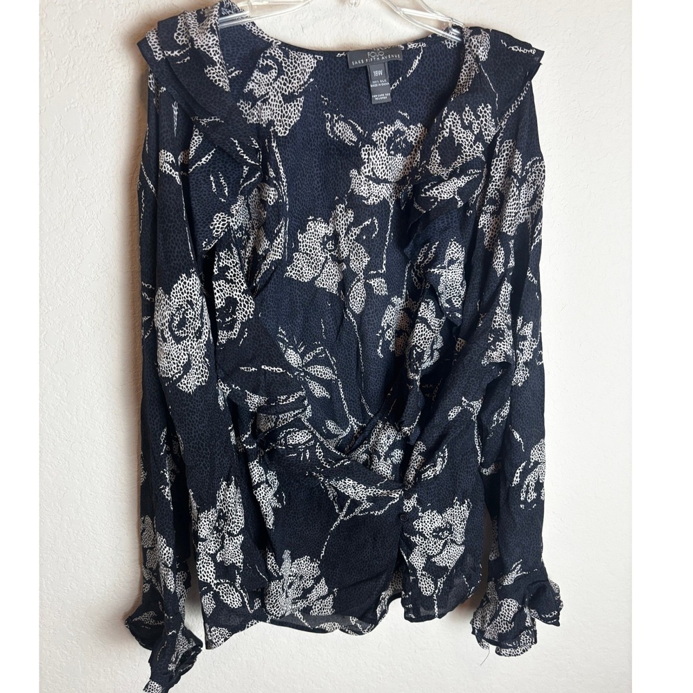 Folio Saks Fifth Avenue Black Floral Ruffle V-Neck Long Sleeve Silk Blouse 18W